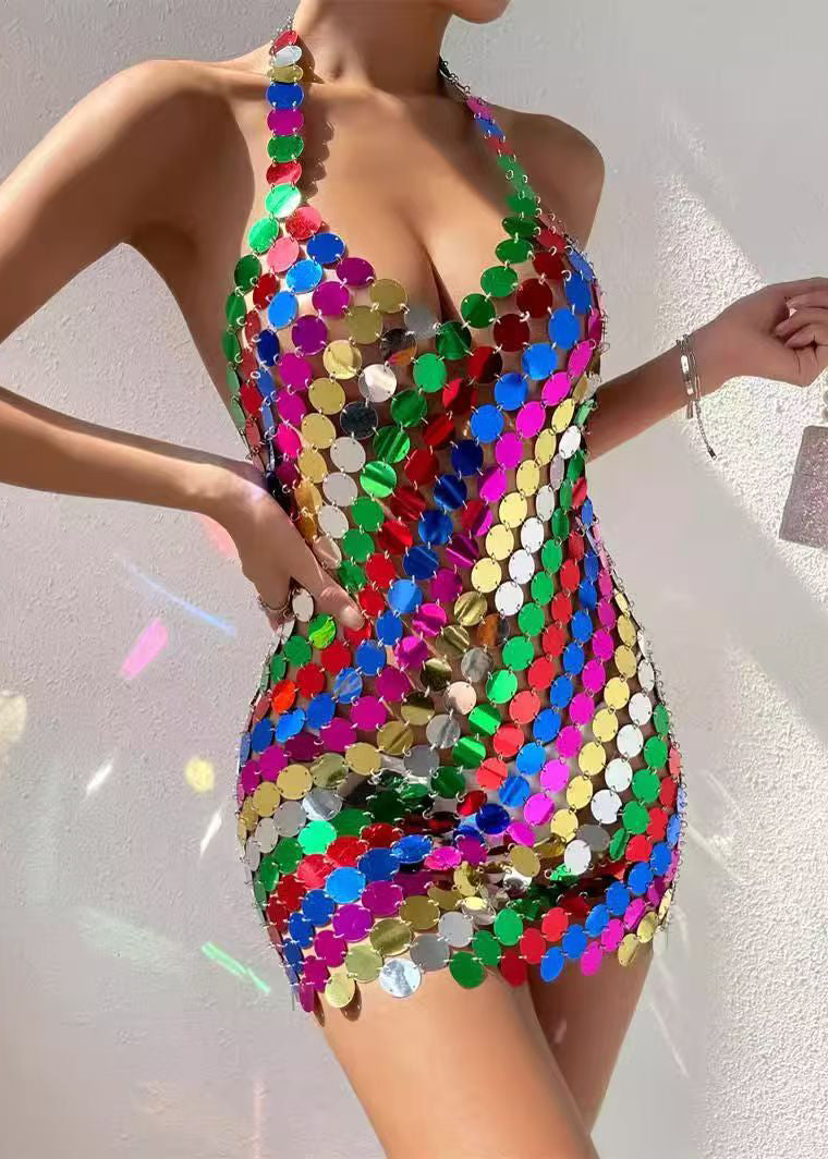 Robe courte femme dos nu col en V style arc-en-ciel été 3