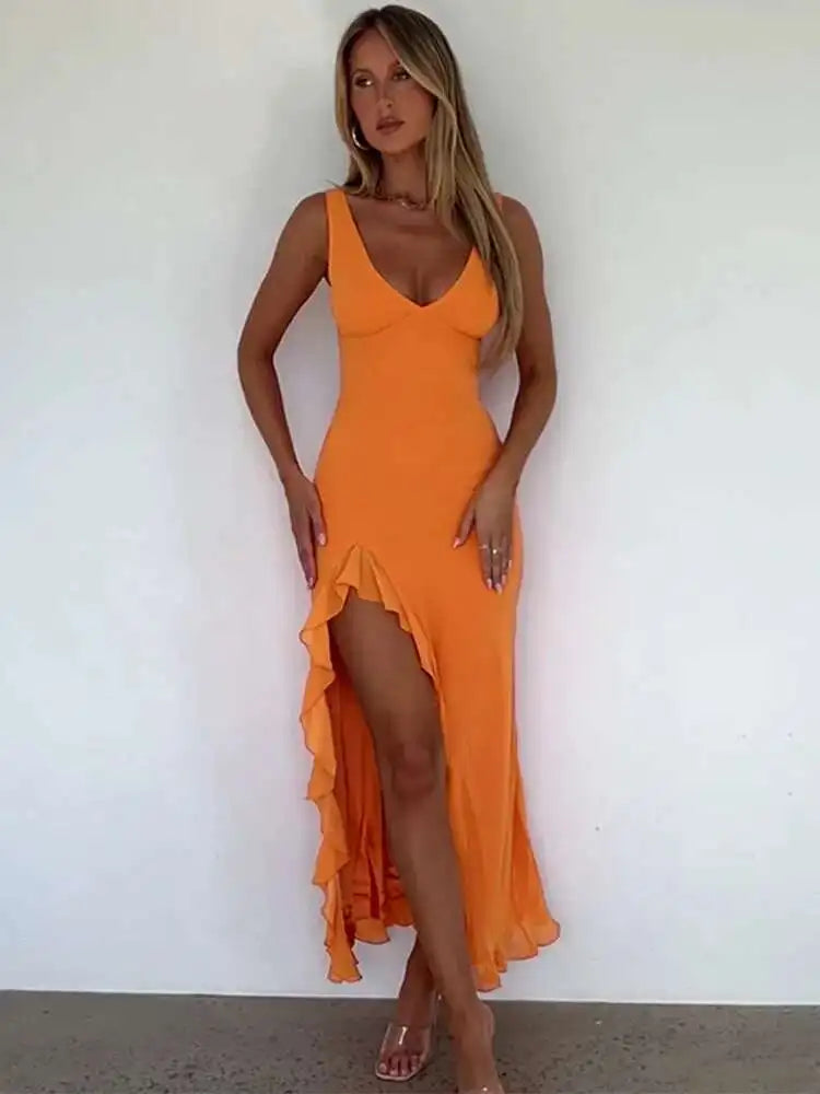 Robe de Soirée Mi-Longue à Volants avec Fente Haute 3