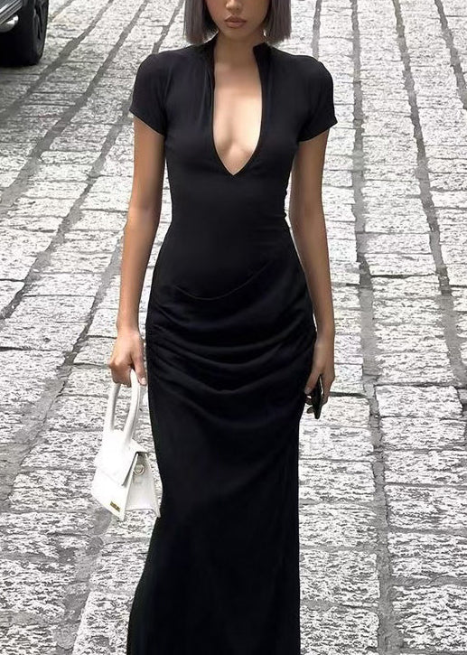 Robe longue femme col en V manches courtes ouverte sur le côté 1