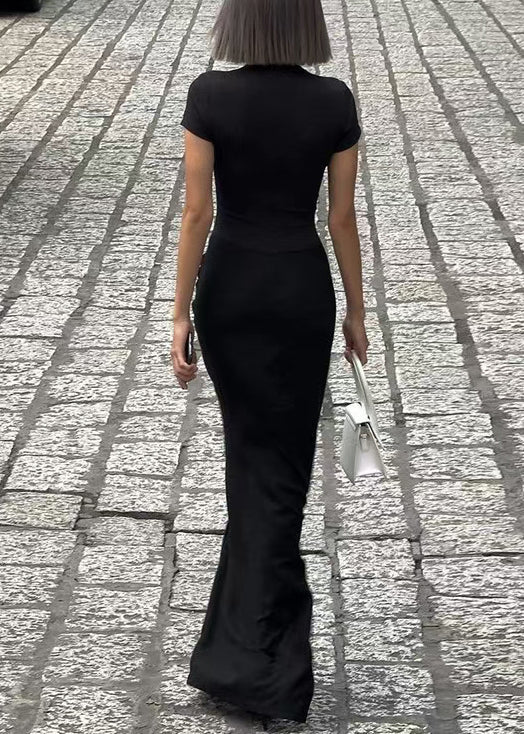 Robe longue femme col en V manches courtes ouverte sur le côté 4