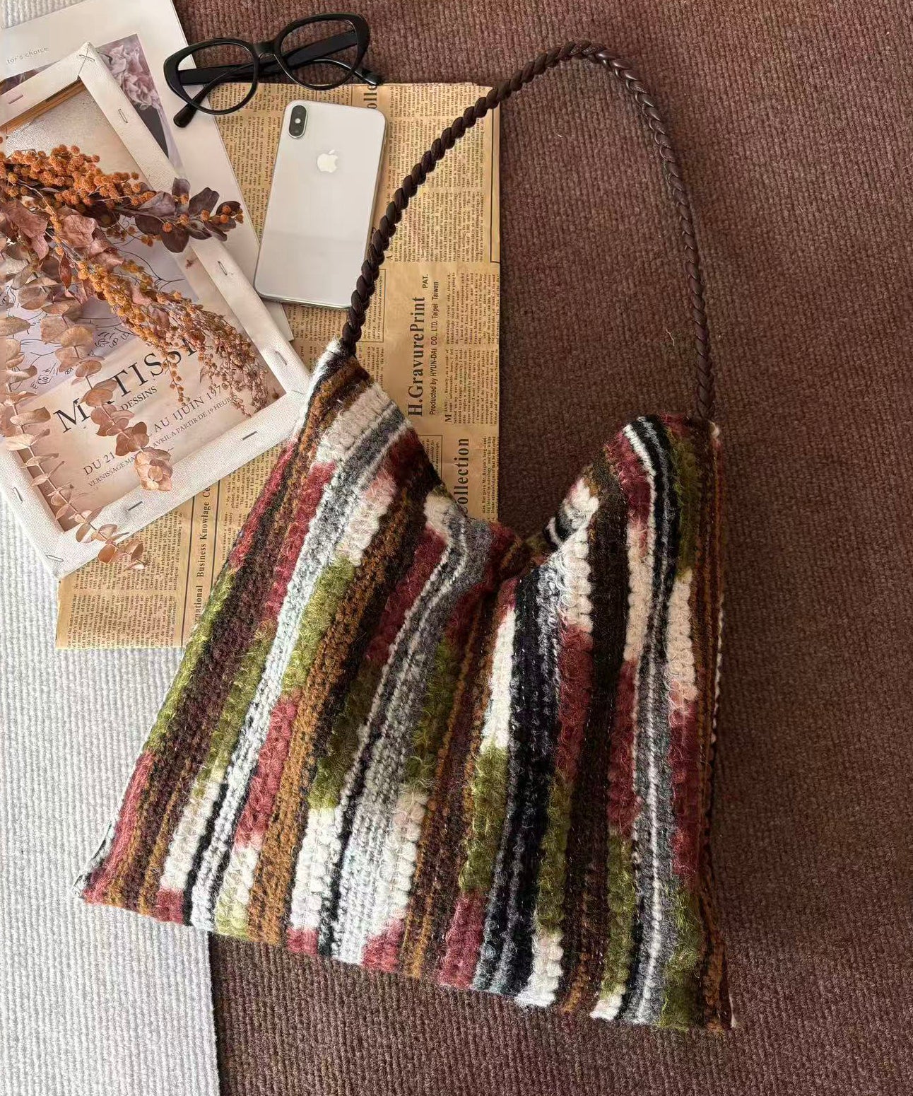 Sac Bandoulière Femme Tricoté Grande Capacité Ajustable 2