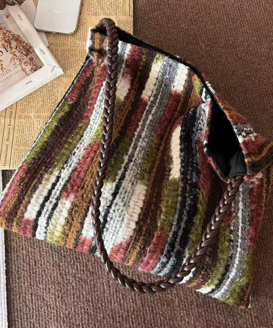 Sac Bandoulière Femme Tricoté Grande Capacité Ajustable 4