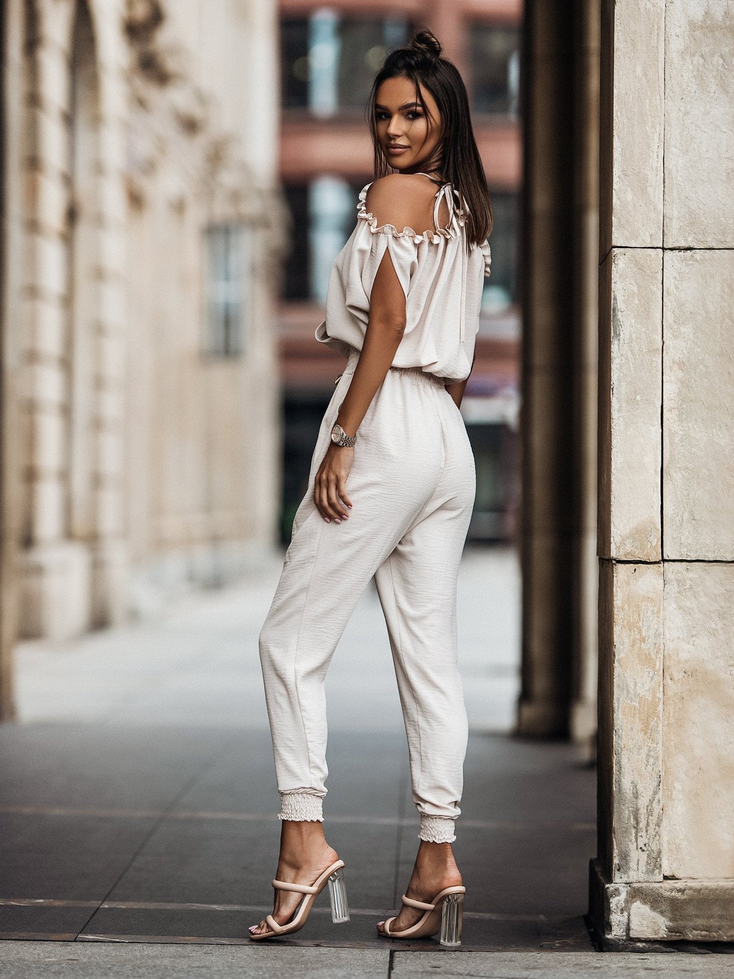 Combinaison Femme Chic Épaules Ouvertes Col en V Polyester-3