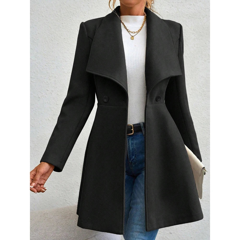 Variant image for Manteau Hiver Femme Noir Cintré Élégant en Mélange de Laine-5