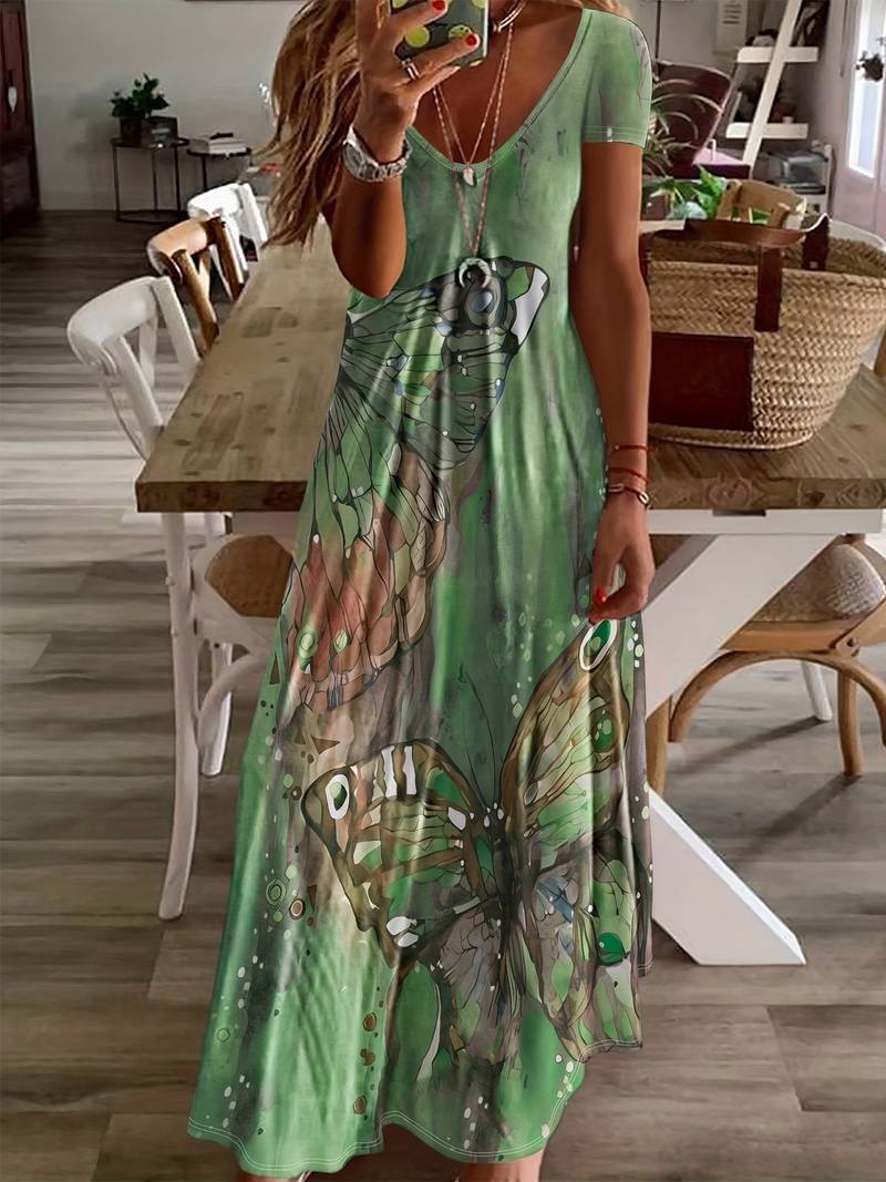 Variant image for Robe Femme Col en V Imprimé Papillon 100% Polyester Printemps Été-16
