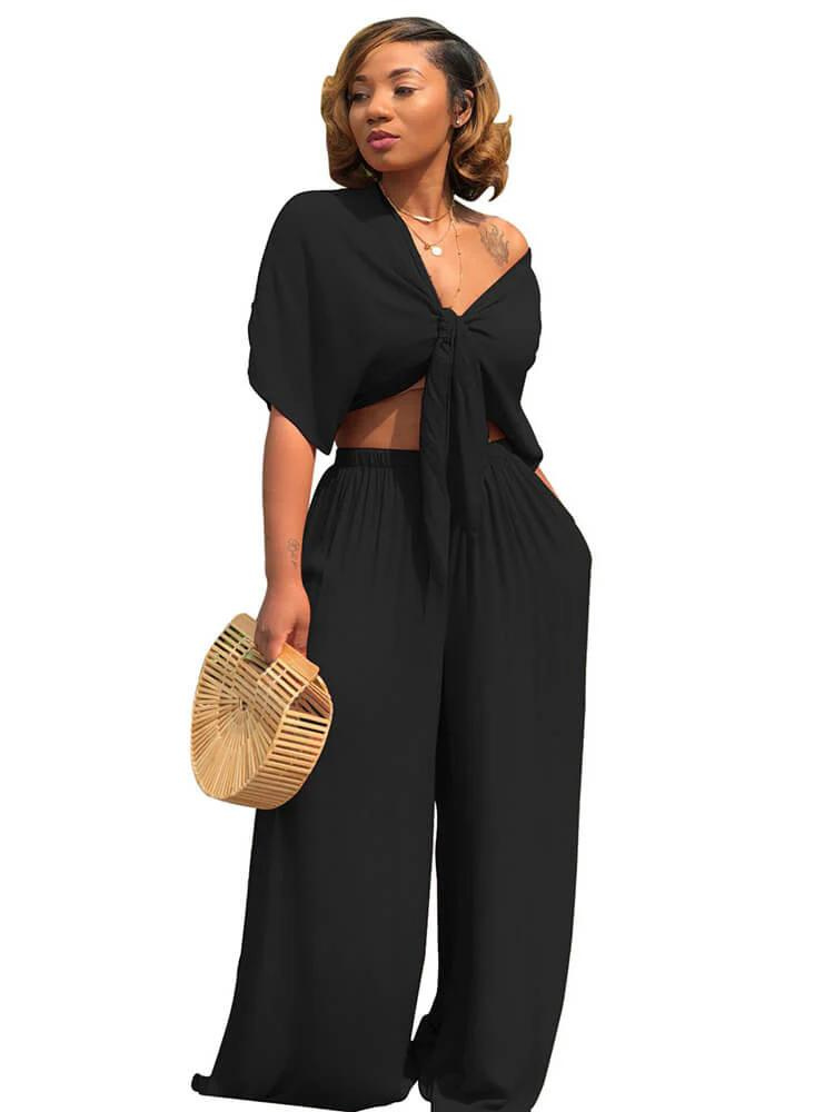 Ensemble pantalon droit et top court avec nœud papillon