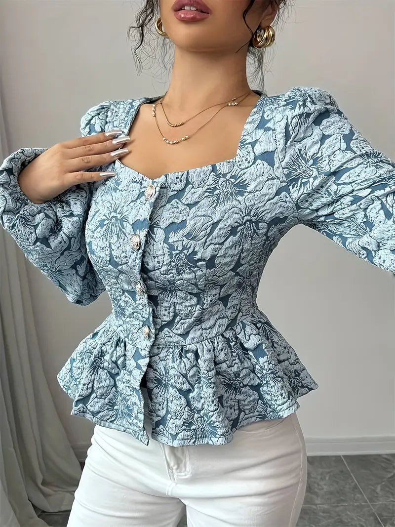 Chemisier Femme Chic à Motif Floral avec Manches Gonflées en Tissu Léger-6