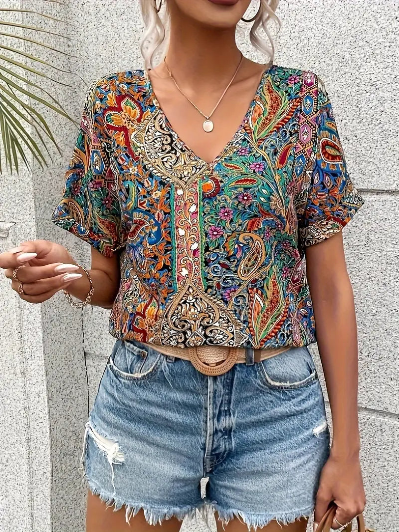 Chemisier Femme Chic Imprimé Paisley Col en V Léger Polyester-3
