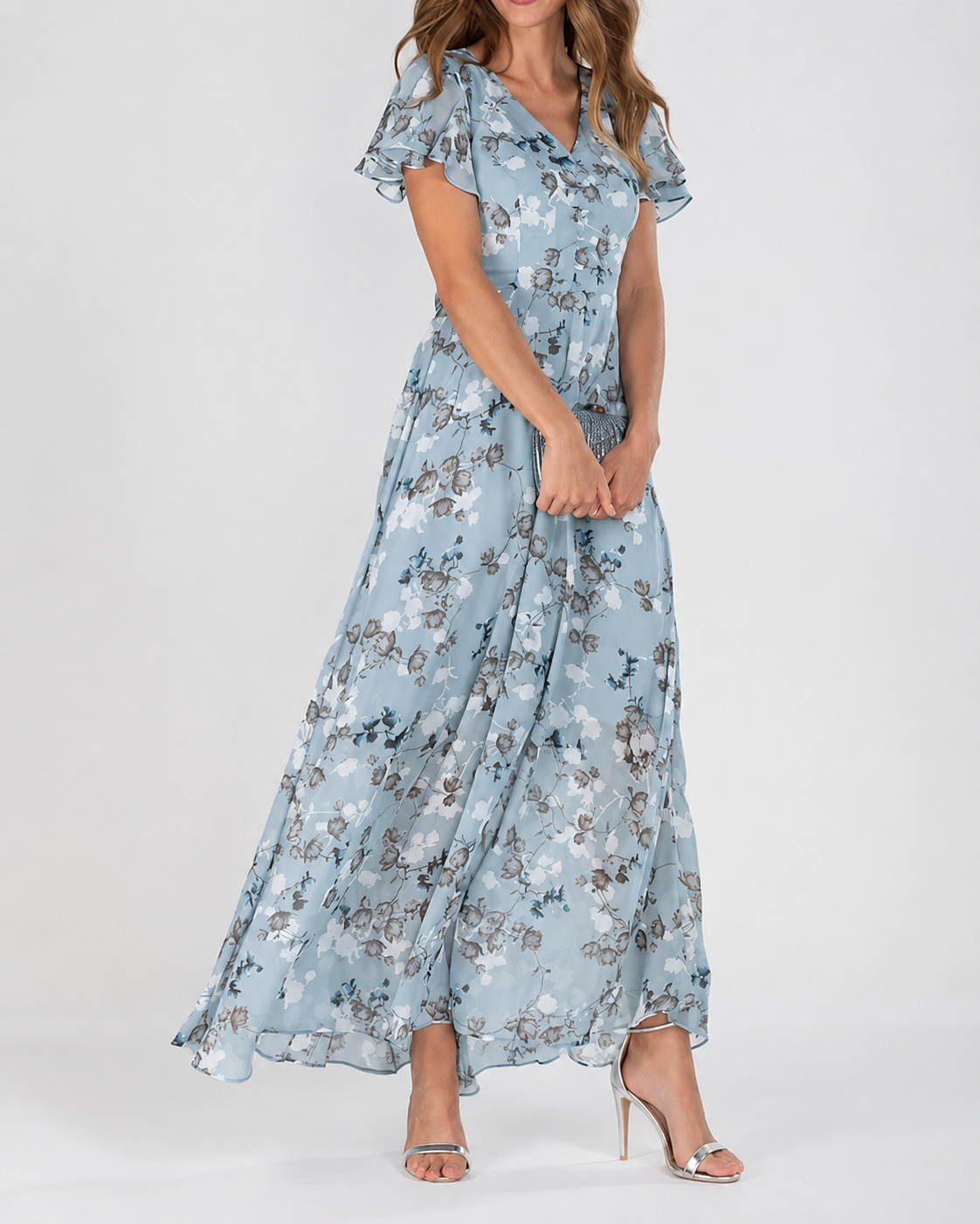 Robe Longue Maxi Fleurie Femme Col V Manches Courtes