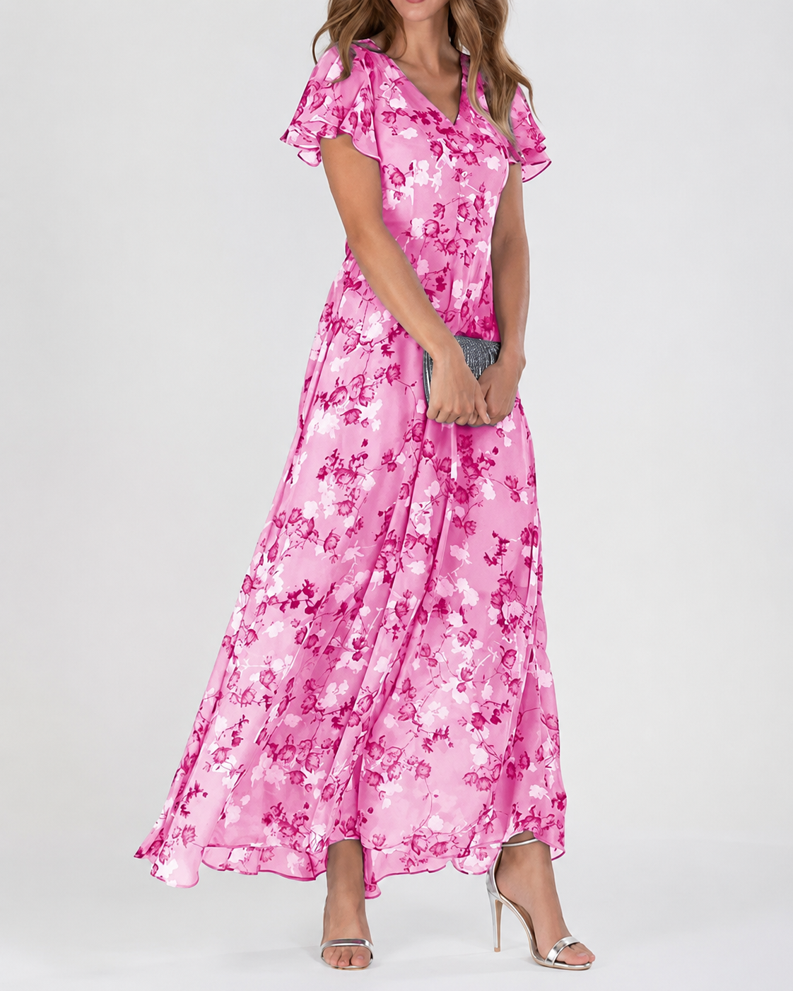 Robe Longue Maxi Fleurie Femme Col V Manches Courtes