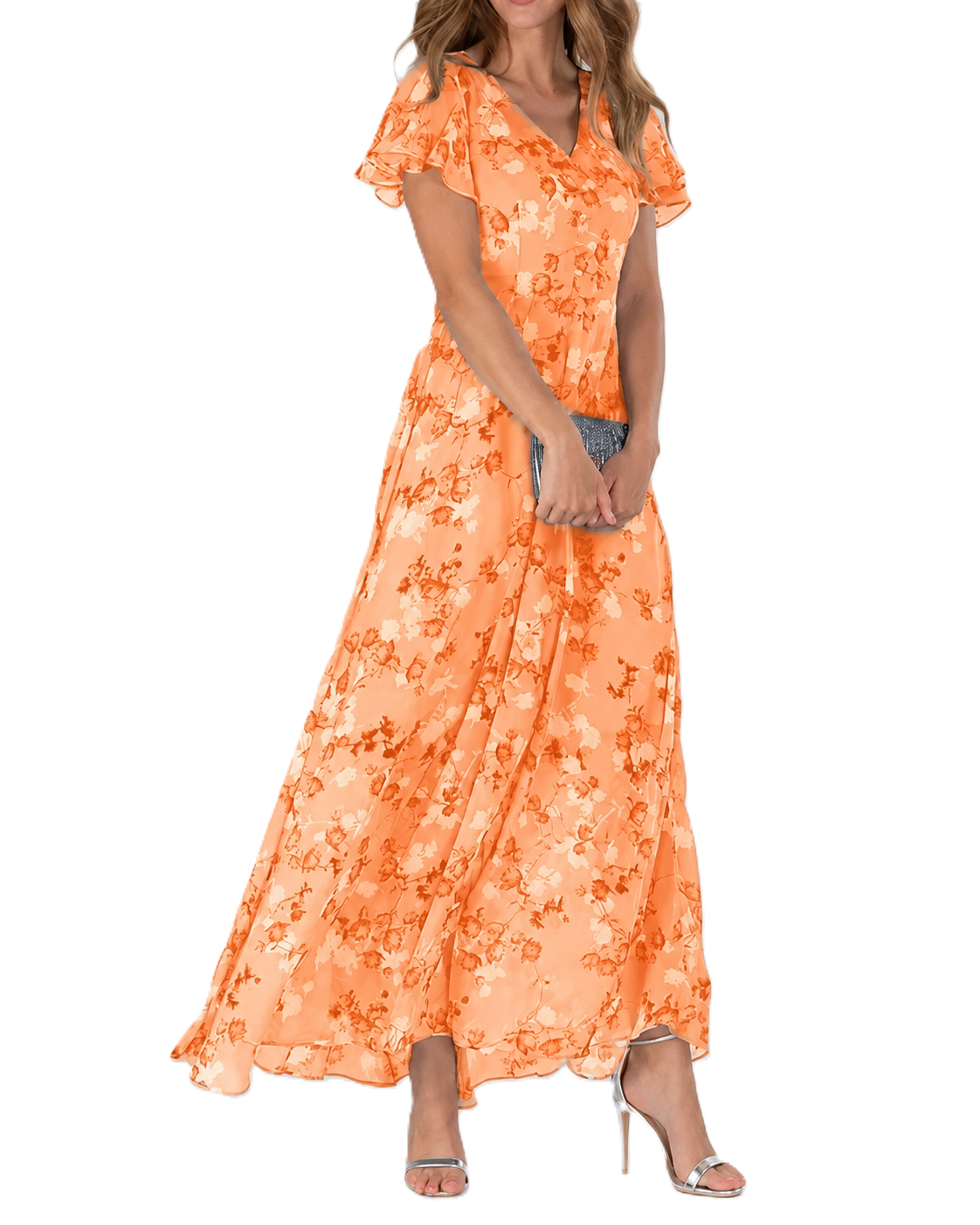 Robe Longue Maxi Fleurie Femme Col V Manches Courtes