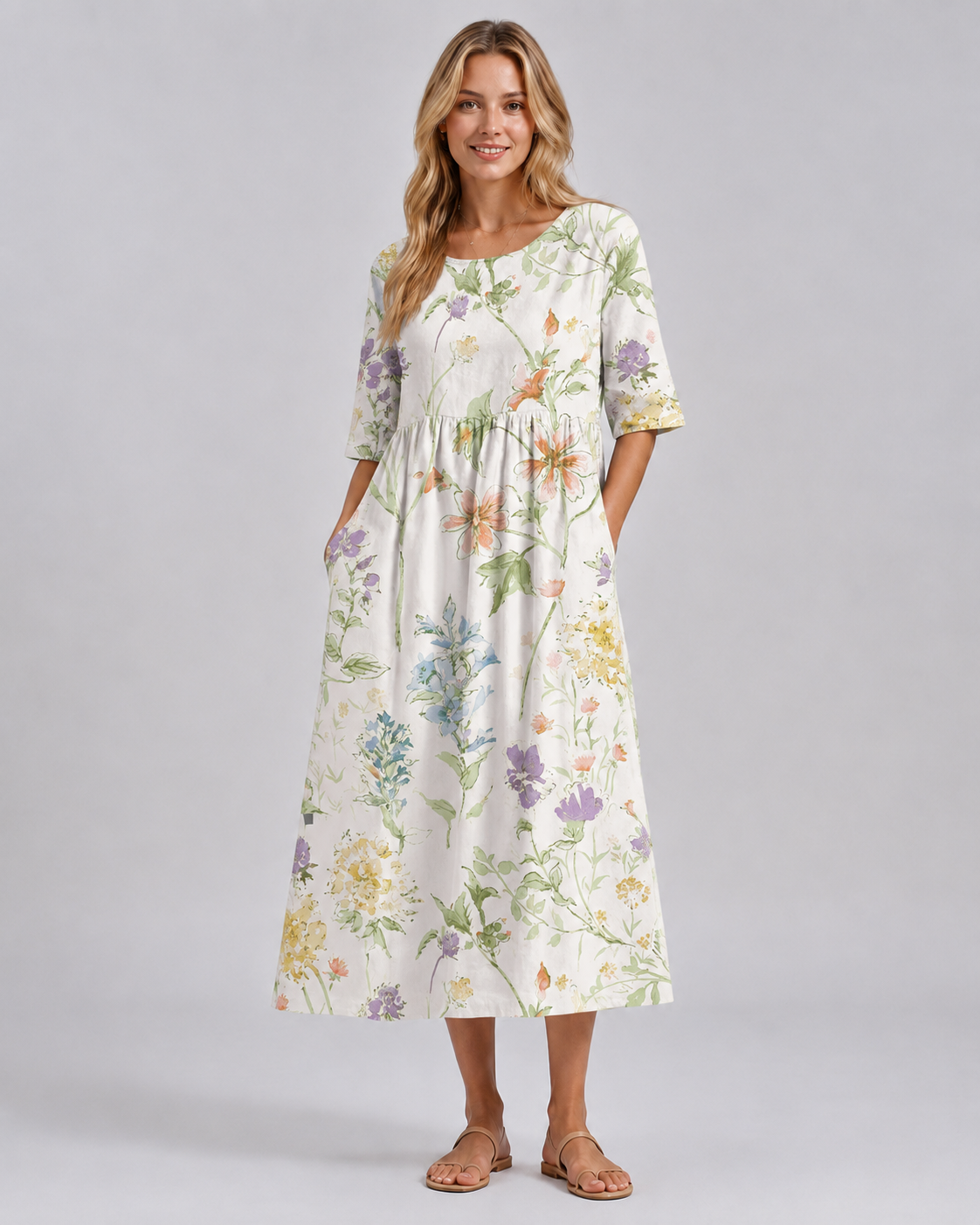 Robe Femme Midi Décontractée à Fleurs