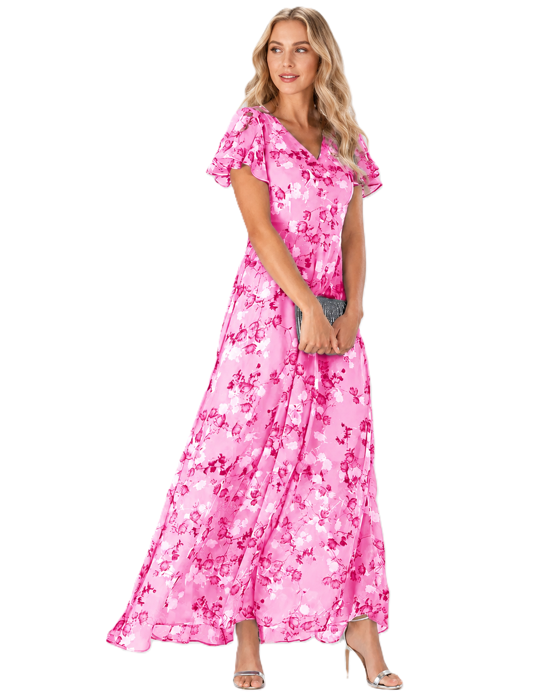 Robe Longue Maxi Fleurie Femme Col V Manches Courtes