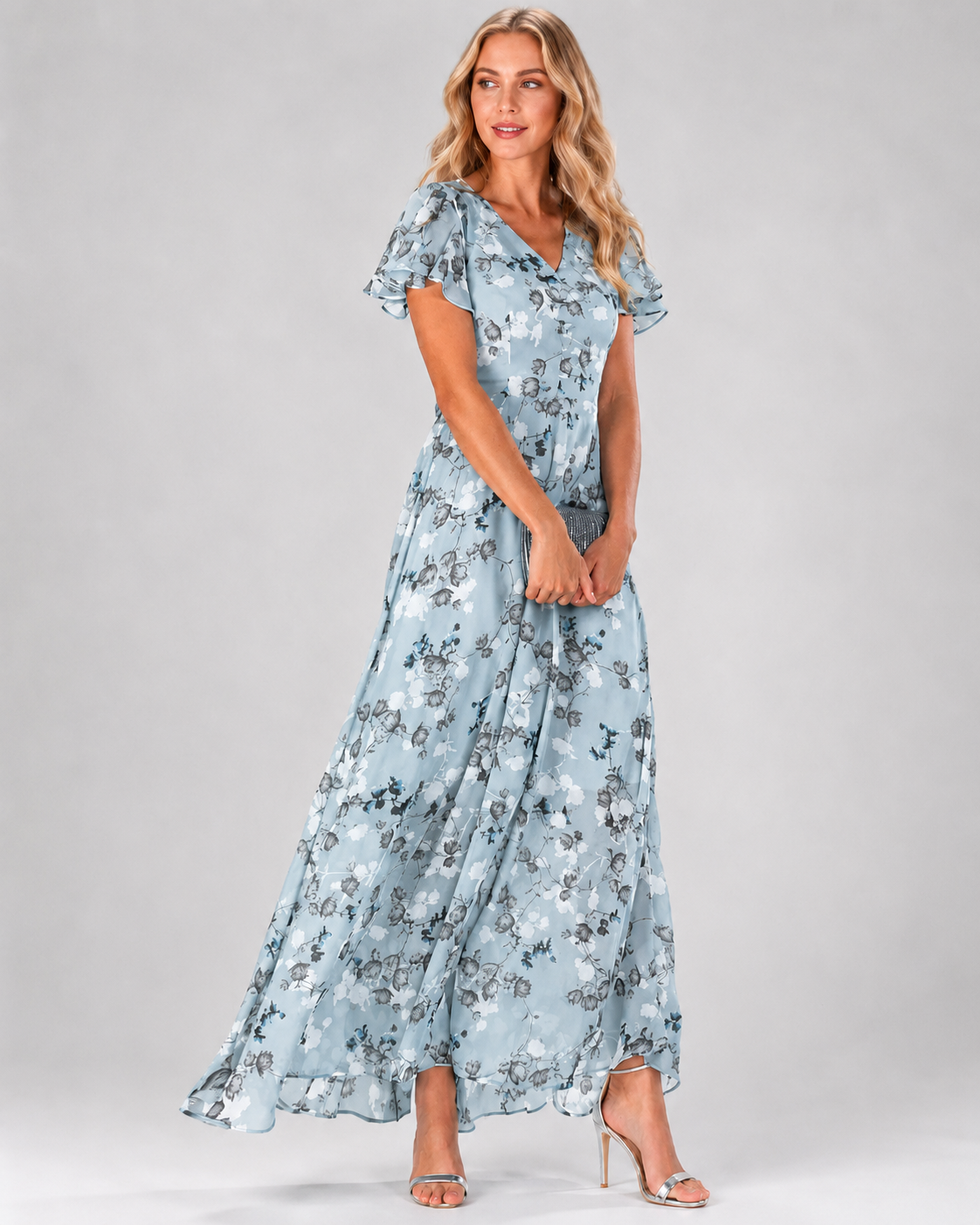Robe Longue Maxi Fleurie Femme Col V Manches Courtes