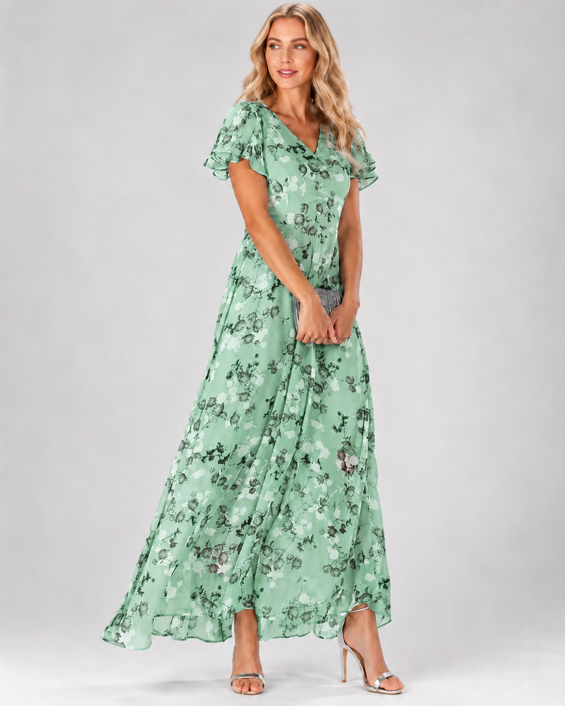 Robe Longue Maxi Fleurie Femme Col V Manches Courtes