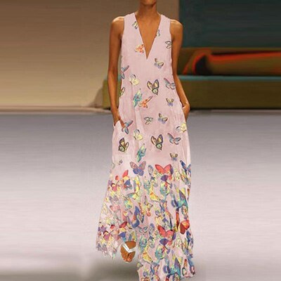 Robe longue sans manches à imprimé papillon