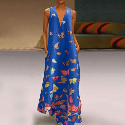 Robe longue sans manches à imprimé papillon