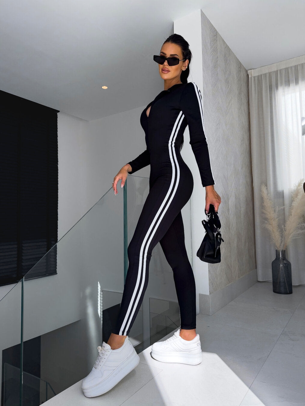 Combinaison Pantalon Femme Ajustée Sportive avec Rayures en Tissu Extensible-2