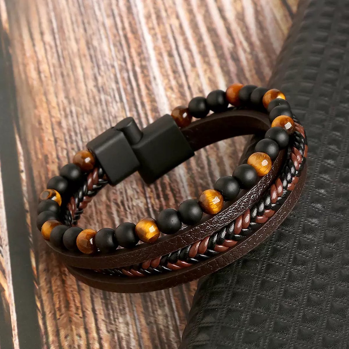 Bracelet Femme Tressé Cuir Artificiel avec Perles Assorties 3