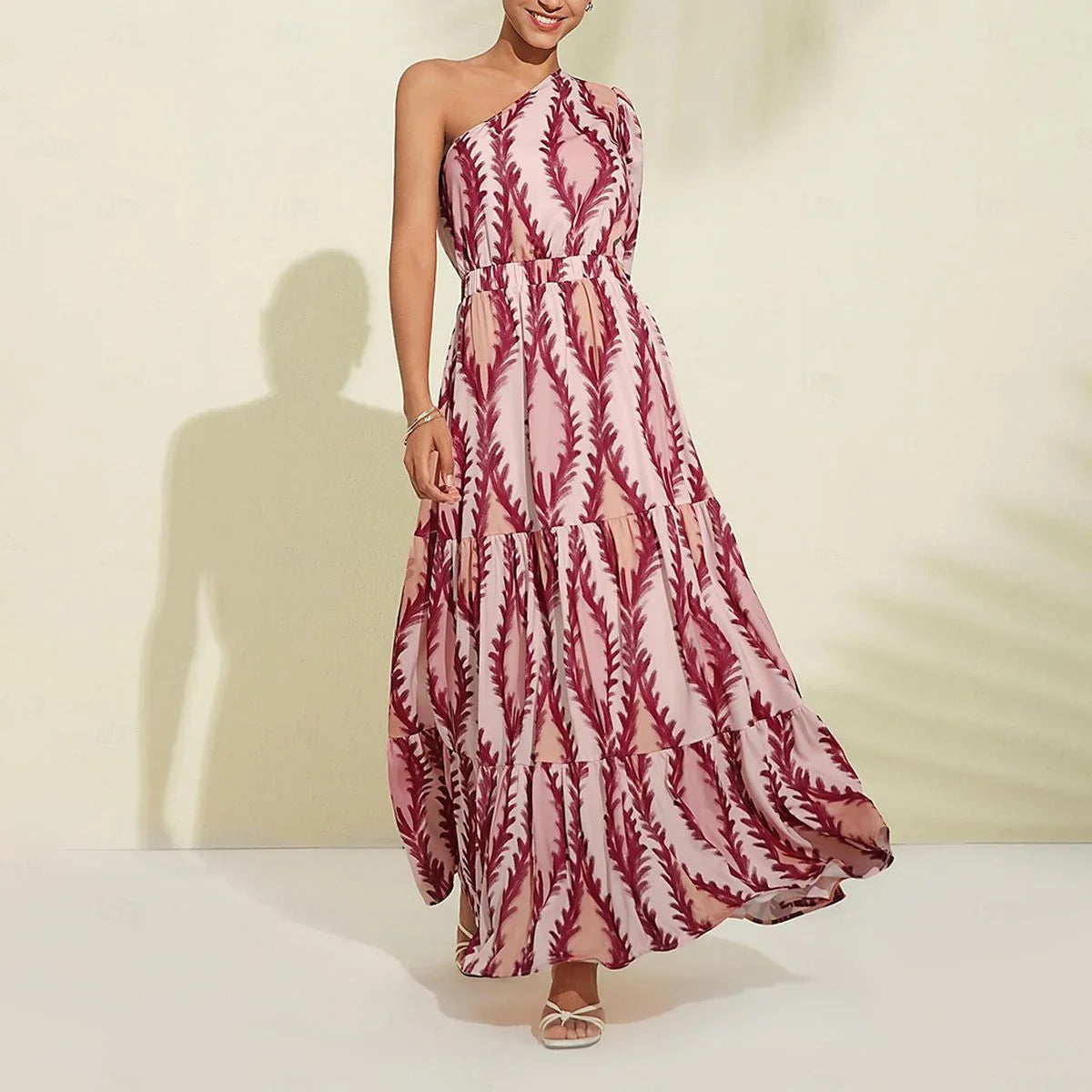 Robe Longue Femme à Une Épaule Élégante en Mélange de Tissus Doux-2