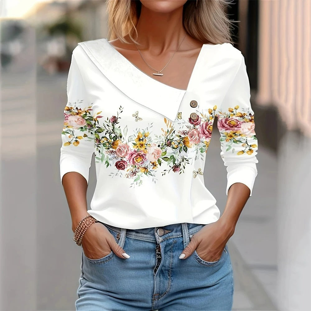 Chemisier Femme Élégant à Imprimé Floral Manches Longues 5