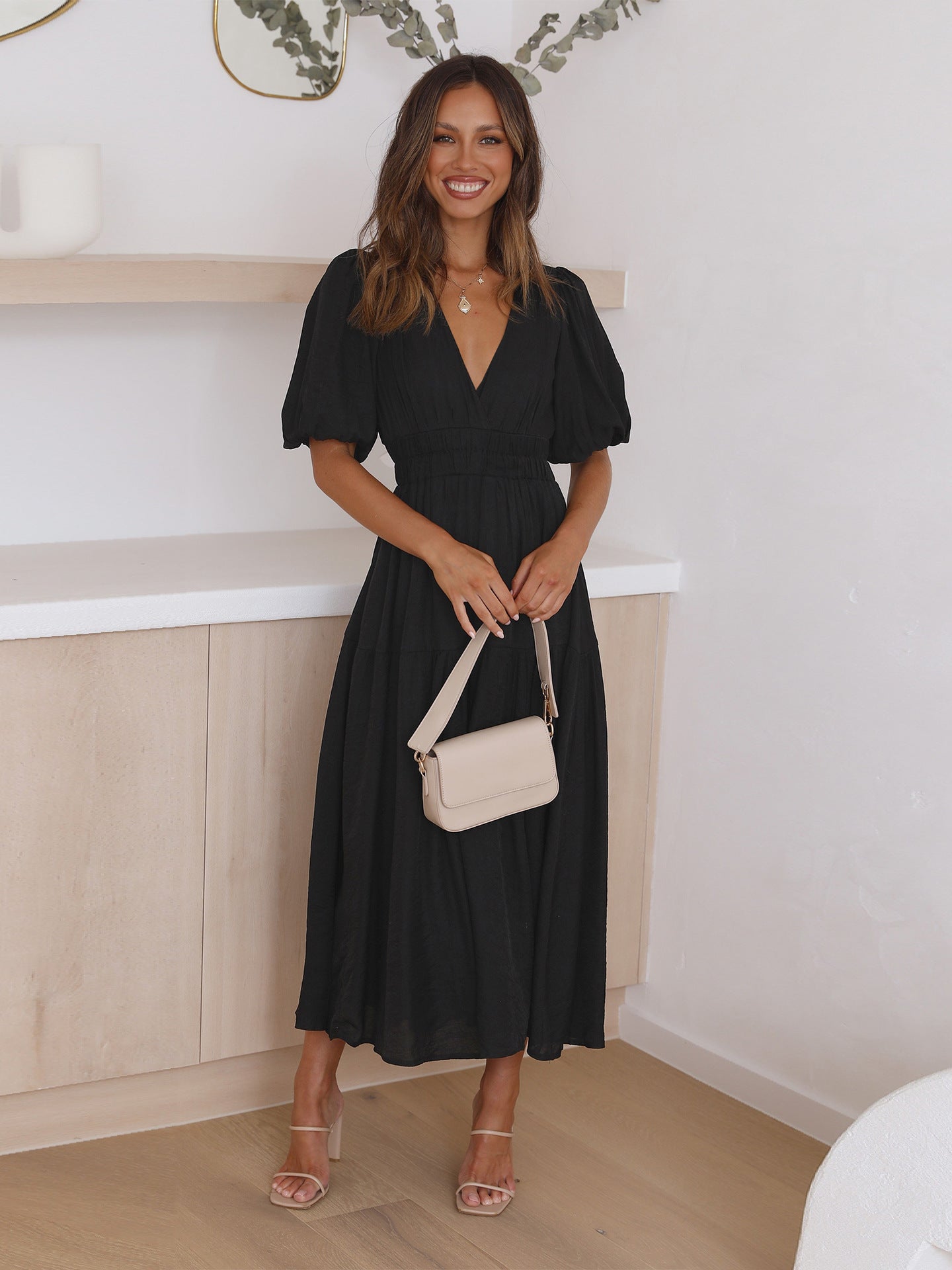 Variant image for Robe Longue Femme Col en V Manches Bouffantes Élégante Polyester-9