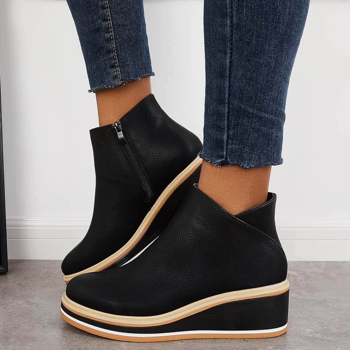 Variant image for Bottes de Cheville Femme Élégantes Cuir Synthétique avec Fermeture Éclair et Plateau-2