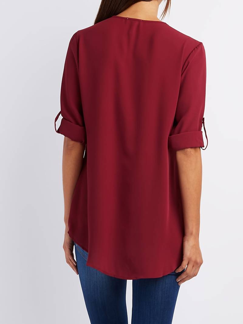 Chemisier Femme Chic Détails Éblouissants Manches Enroulables Mélange de Tissus-2