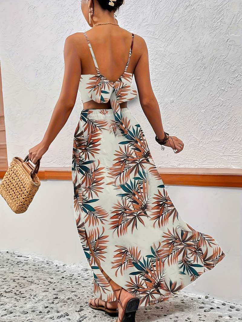 Ensemble Femme Jupe et Haut Abdominal Tissu Léger Motif Feuille-3
