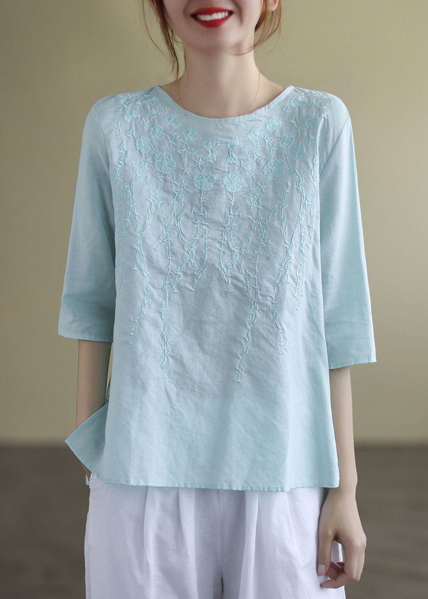 Blouse Femme Brodée à Col Rond en Coton 1