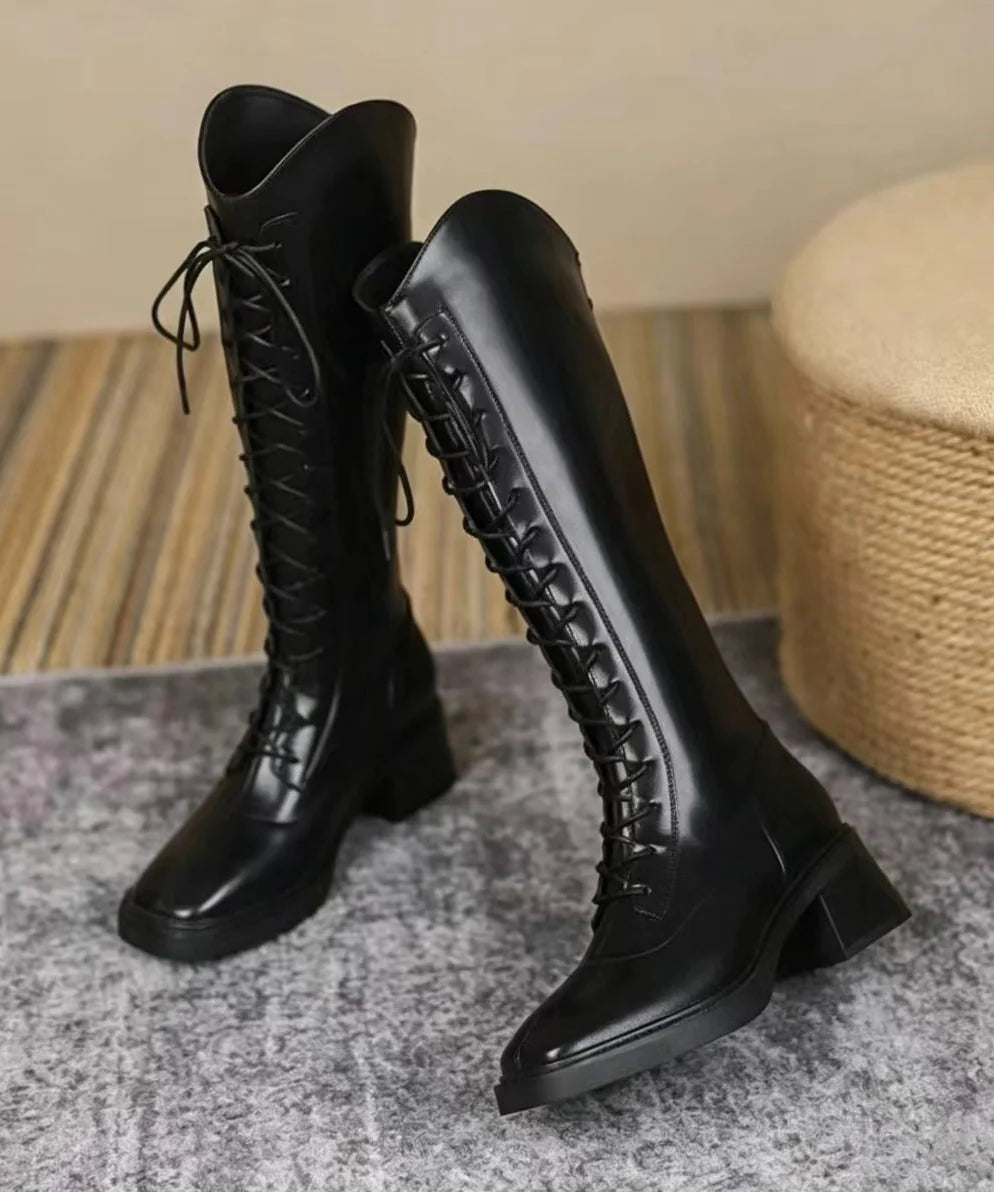 Bottes hautes à lacets pour femmes bout carré 2