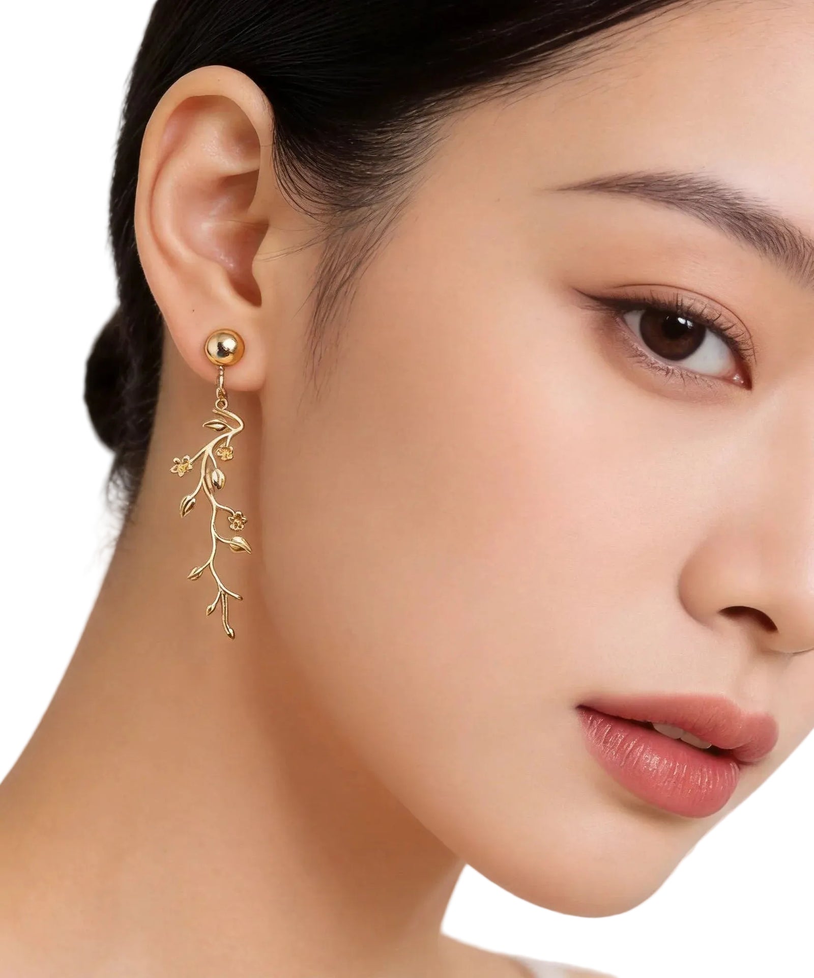 Boucles d'oreilles pendantes pour femme avec pompon et branche dorée 1
