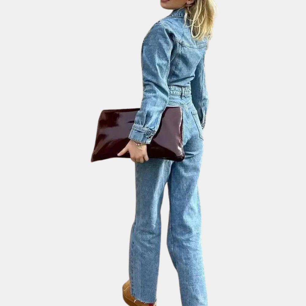 Combinaison Femme Chic Denim Manches Longues Ajustée-3