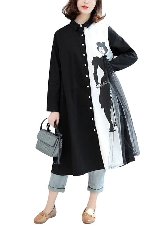 Cardigan Femme Oversize Manches Longues Patchwork Noir et Blanc Décontracté 0