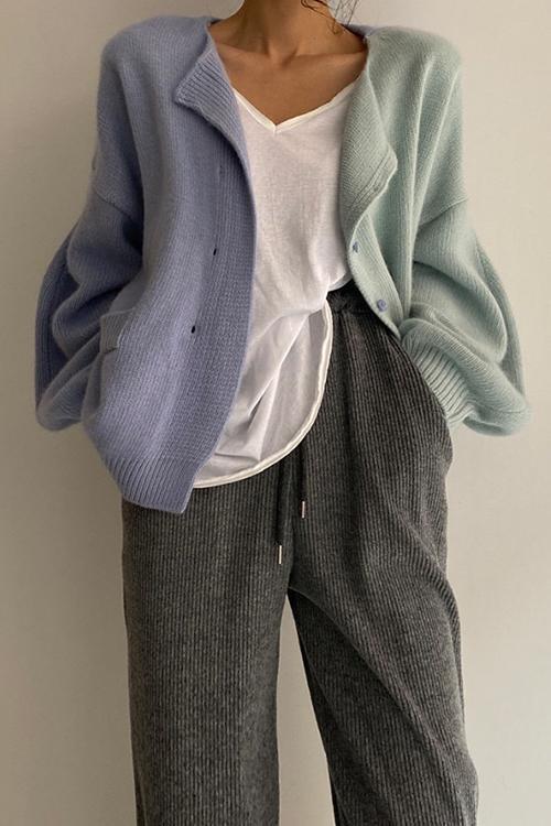 Cardigan Femme à Blocs de Couleurs avec Épaules Tombantes 1