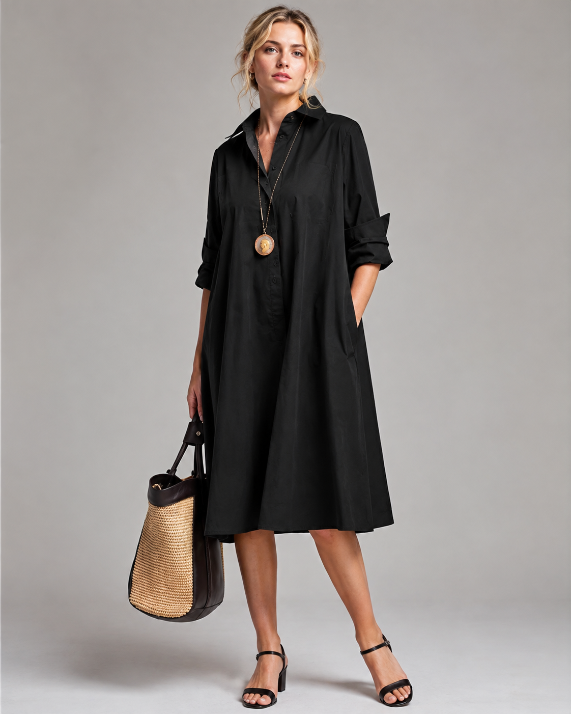 Robe Midi Femme Élégante à Manches Longues en Tissu Aéré
