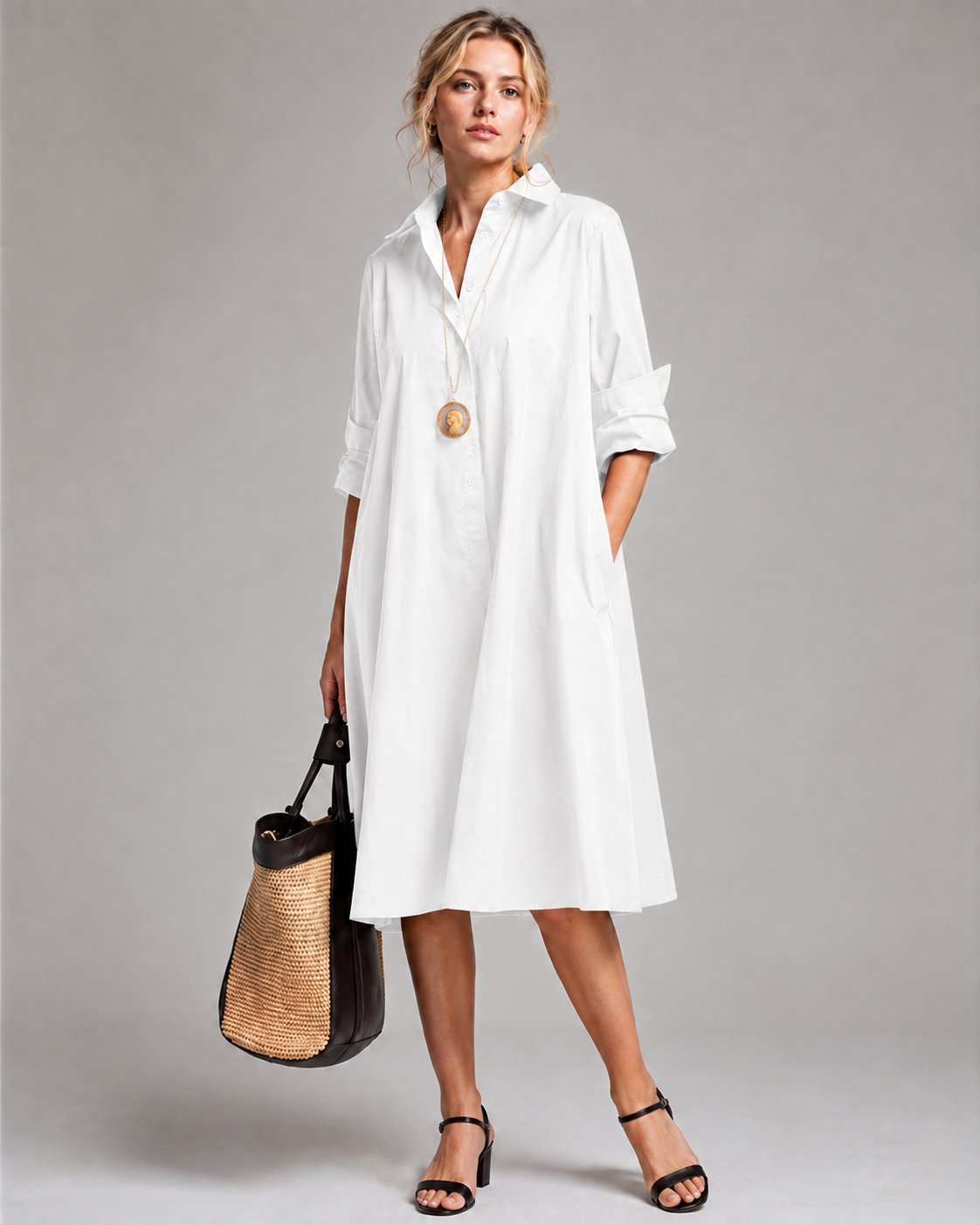 Robe Midi Femme Élégante à Manches Longues en Tissu Aéré