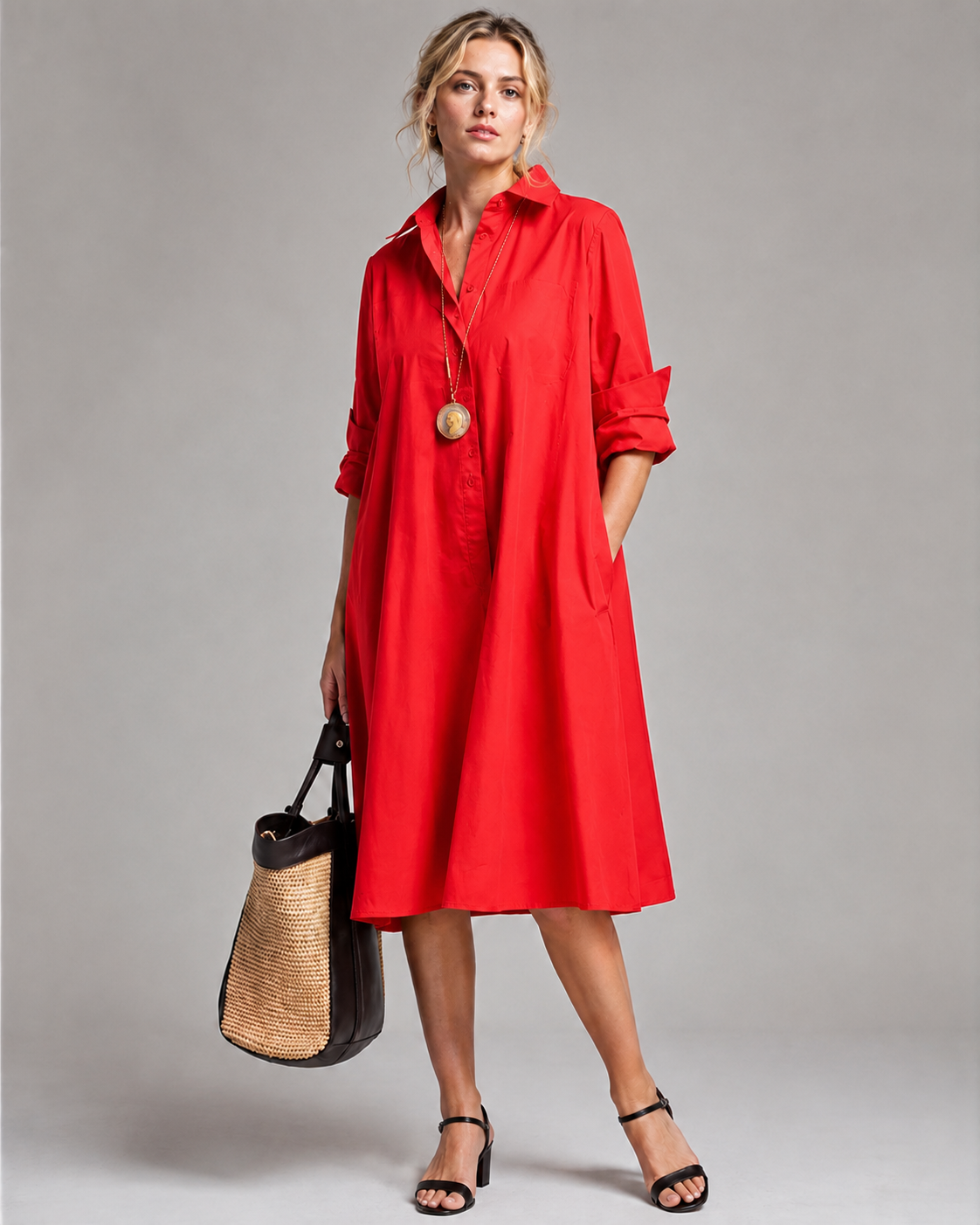 Robe Midi Femme Élégante à Manches Longues en Tissu Aéré