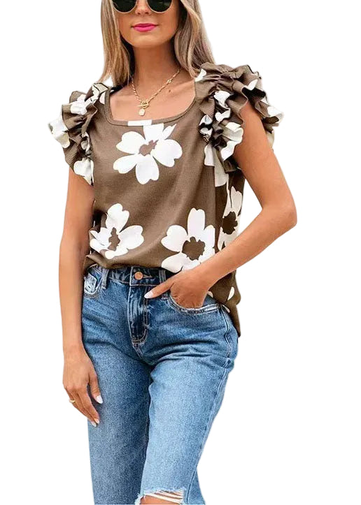 Chemise Femme Col Carré Imprimée Style Estival 0