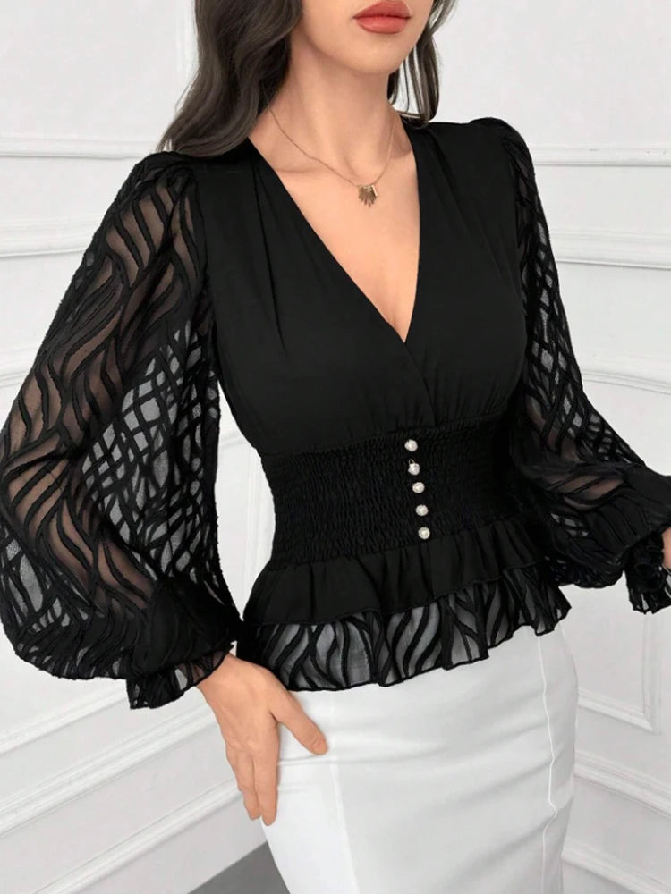 Chemise Femme Col en V avec Manches Lanternes 2