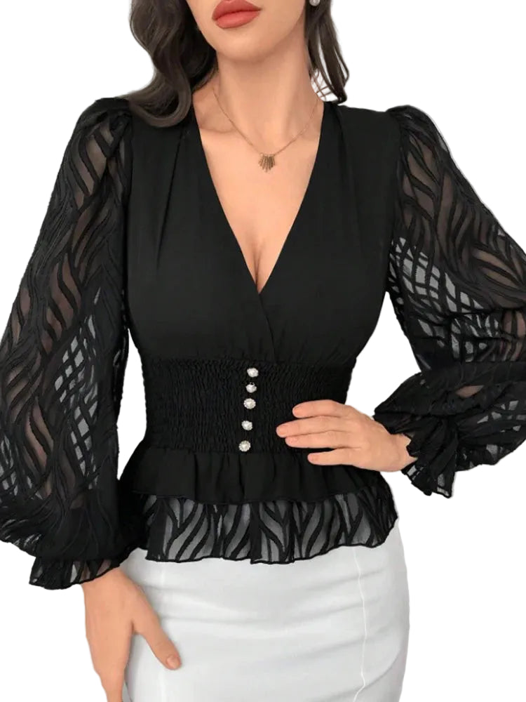 Chemise Femme Col en V avec Manches Lanternes 4