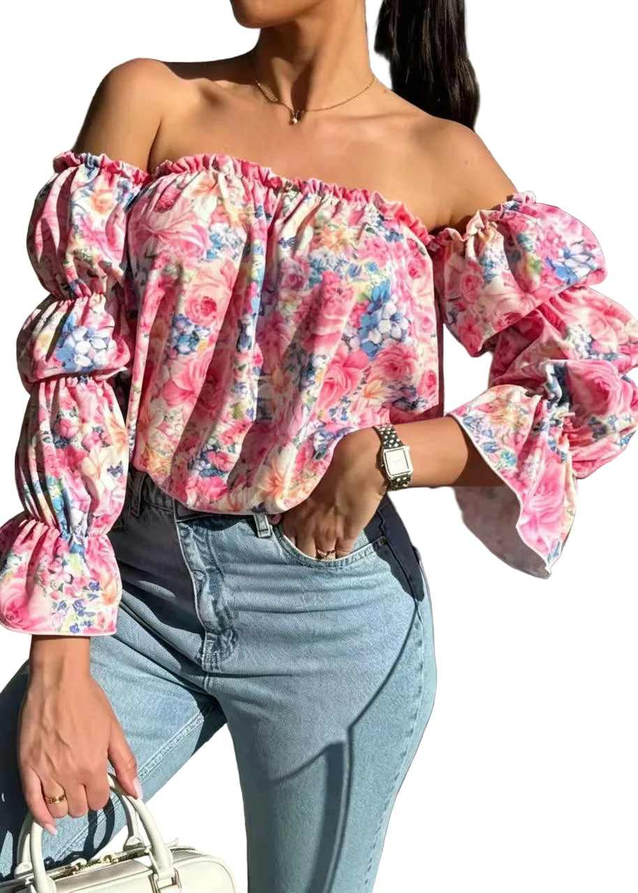 Chemise Femme Imprimé Floral Col Oblique Manches Bouffantes 0