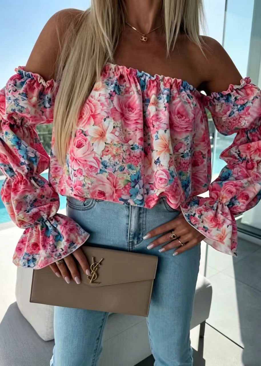 Chemise Femme Imprimé Floral Col Oblique Manches Bouffantes 1
