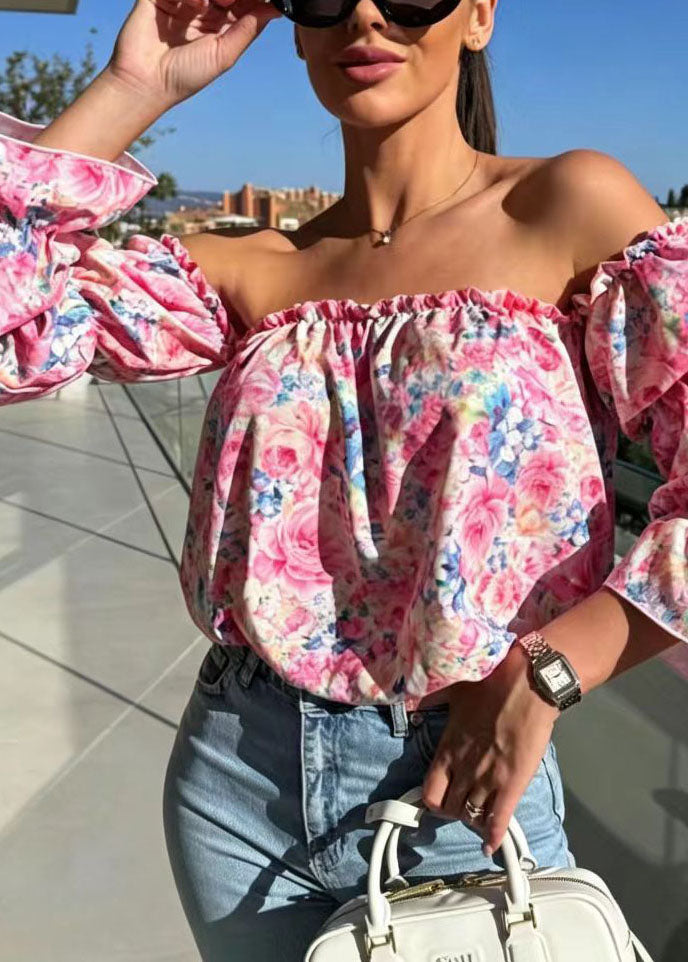 Chemise Femme Imprimé Floral Col Oblique Manches Bouffantes 2