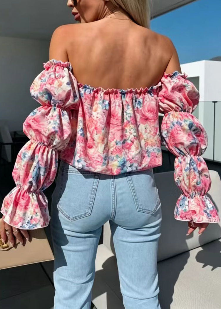 Chemise Femme Imprimé Floral Col Oblique Manches Bouffantes 4