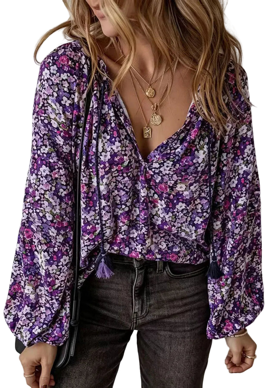 Chemise Femme Imprimée Col V Manches Longues 0