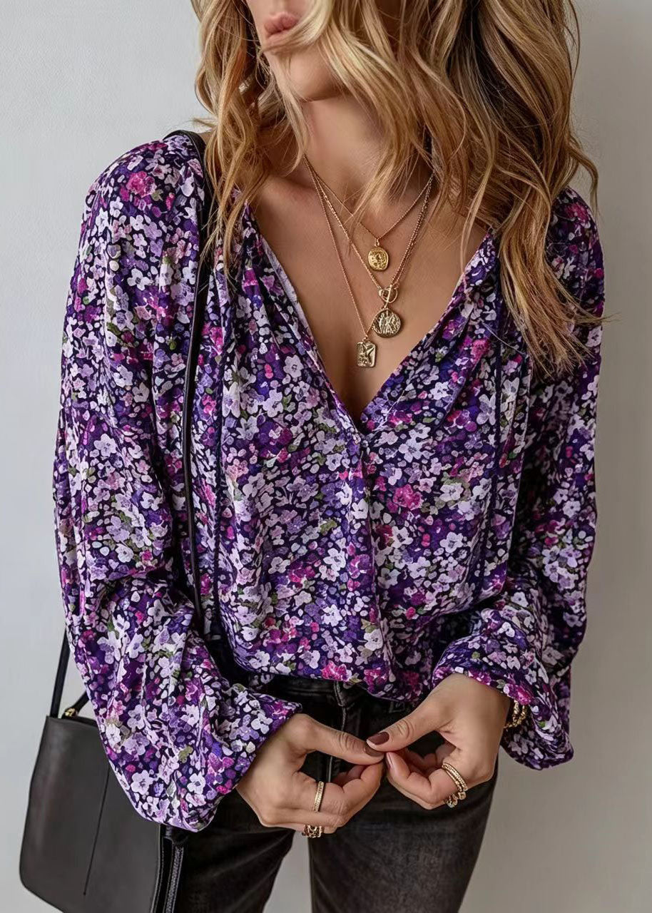 Chemise Femme Imprimée Col V Manches Longues 1