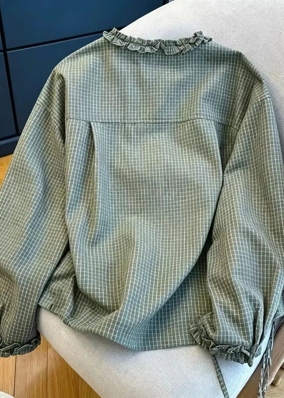 Chemise Femme Vintage à Carreaux avec Col Rond et Volants 1