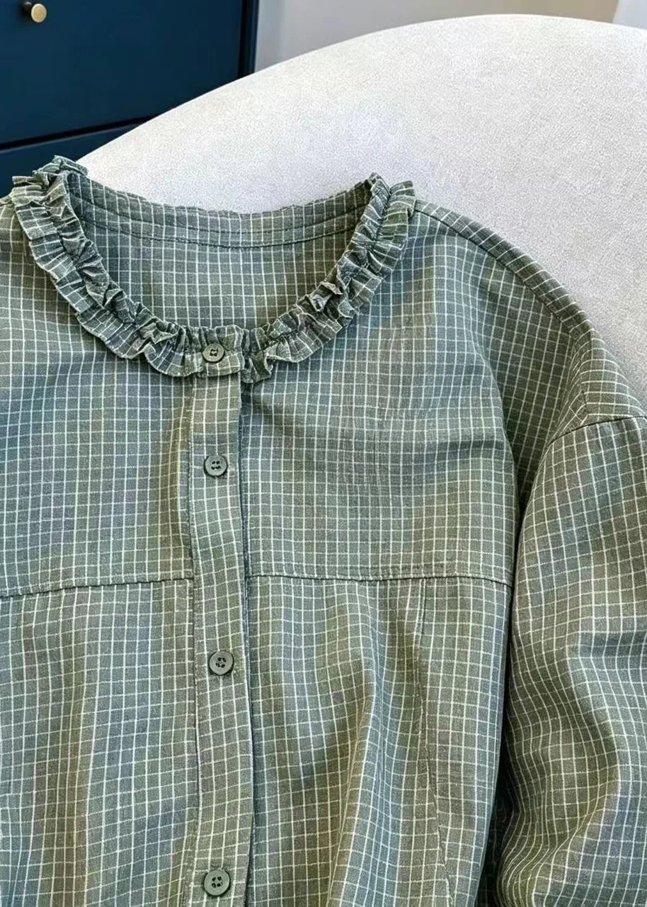 Chemise Femme Vintage à Carreaux avec Col Rond et Volants 2