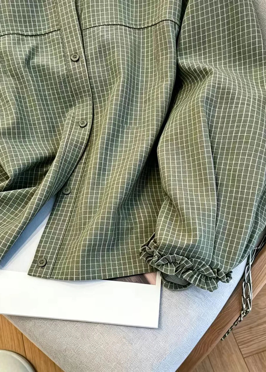 Chemise Femme Vintage à Carreaux avec Col Rond et Volants 3